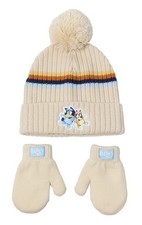 NEW Bluey  Bingo 2pc Kids' Beige Knit Winter Beanie Cap and Mittens Set OSFM