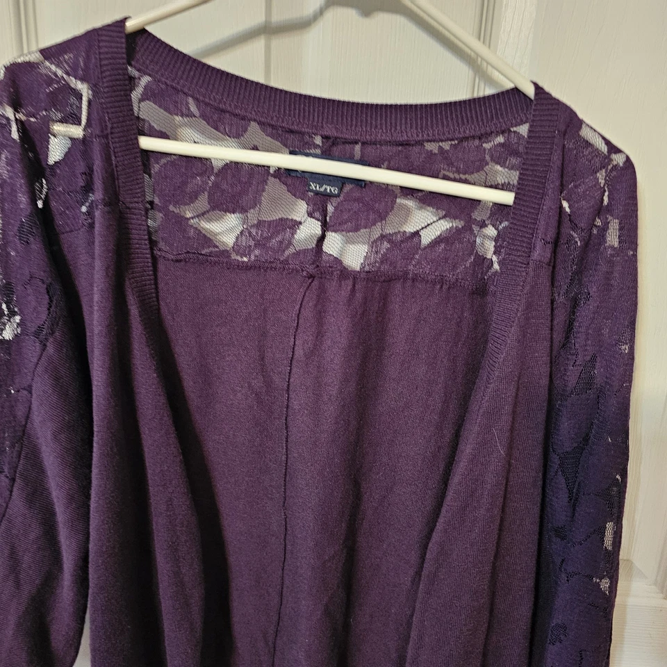 American Eagle Sweater Lace Trim Purple Cardigan Size XL Cropped Y2k Preppy - Image 3 of 4