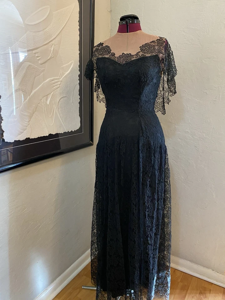 Vestido de Noche Vintage Años 40 Negro Satén + Encaje Desnudo Ilusión Pinup Rockabilly Glam Foto 3 de 4