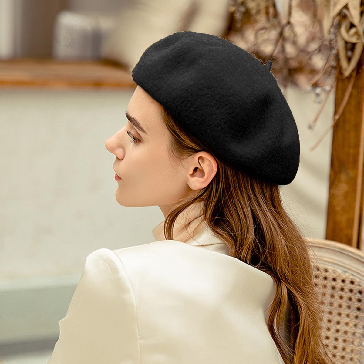 Women\'s Classic Pearl Wool French Stylish Beret Hat Black CAMILLE - French Beret Hat - Black Beret - Beret Hat - Wool  main image 3