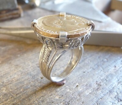 Bague pièce argent griffes avec 20 Francs or Napoléon III sur