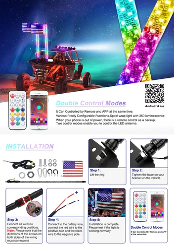 2x 3ft RGB LED Whip Lights Antenna Flag for ATV UTV Can Am X3 Polaris RZR 1000 - Picture 18 of 19