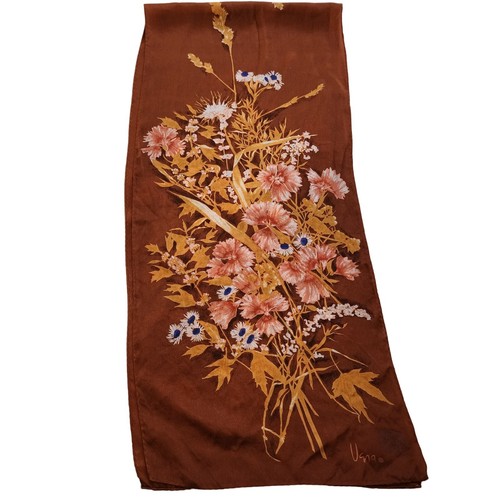 Vintage 80s VERA Neumann Modern Floral Flower Silk Scarf Brown Long 46"x10" - Picture 4 of 7