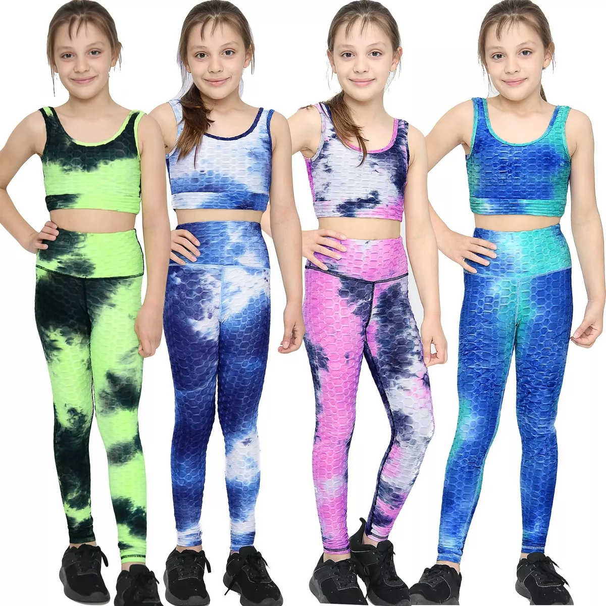 Girls Honeycomb Leggings Crop Top Vest Gym Dance Yoga Exercise High Waist  Set