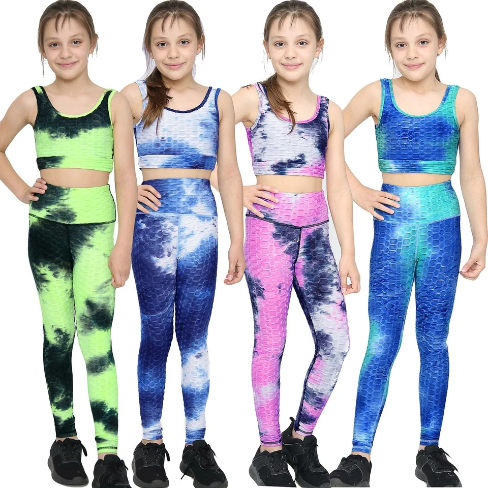 A2Z 4 KIDS® Mädchen Waben Leggings bauchfreies Oberteil Weste Fitnessstudio Tanz Yoga Übung hohe Taille Set