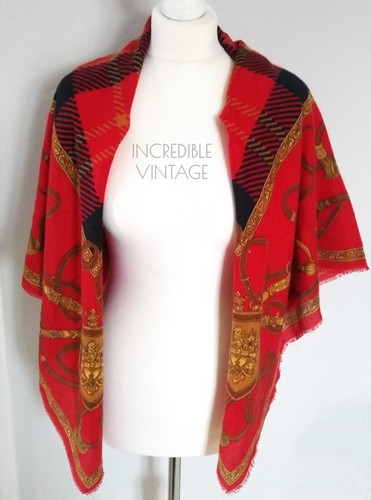 Vintage Large Red Gold Scarf Military Equestrian Plaid Shawl MADE IN ITALY Gift - Picture 5 of 7