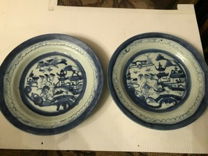 TWO (2) 19TH CENTURY CHINESE CANTON BLUE & WHITE HAND PAINTED PORCELAIN PLATES