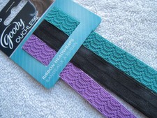 3 Goody Ouchless Ribbon Headwraps Black Teal Purple Headbands Soft Fabric Lace