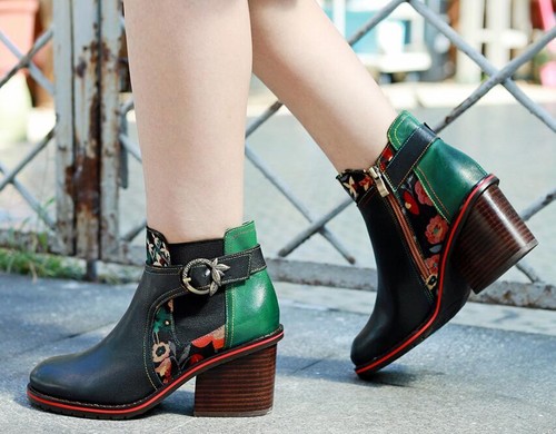 Women's Genuine Leather Retro Comfortable block heel zipper Ankle boots shoes - Picture 5 of 9