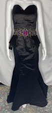 Mac Duggal Dress Prom Gown 14 Black Strapless Mermaid Peplum Embellished Beaded
