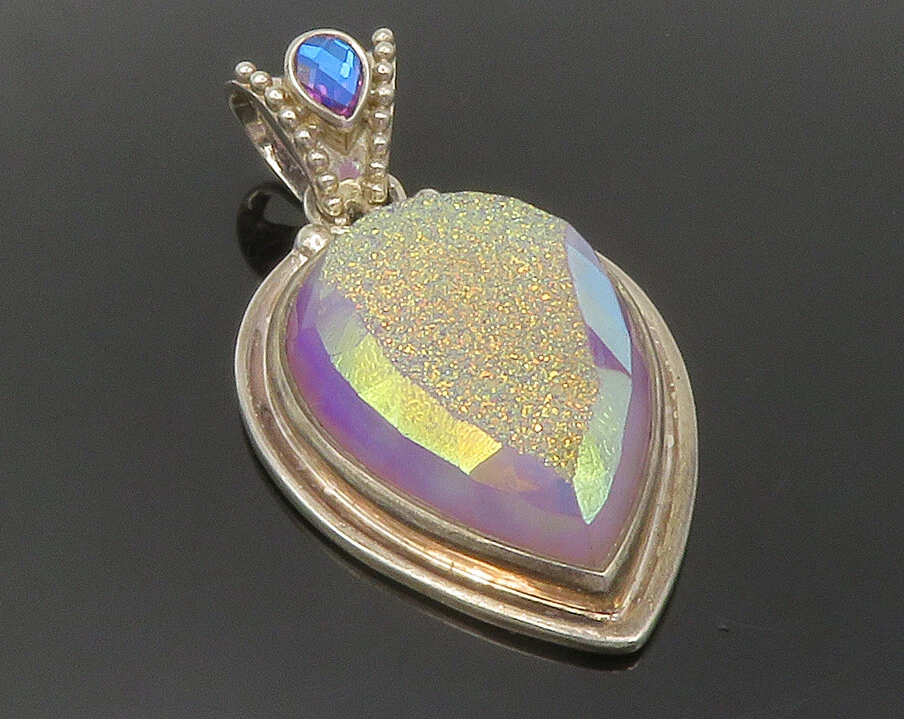 SAJEN 925 Silver Vintage Shiny Druzy Stone Topaz Tear Drop Pendant PT9932