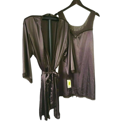VERA WANG M Glossy Brown Satin & Mesh Chemise Nightgown & Robe Set NWT