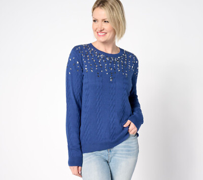 #ad #ad NEW Isaac Mizrahi Live XL Crystal Cable Stitch Crew Neck Sweater Blue QVC 3224 $35.20