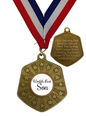 EMBLEMS GIFTS LTD World's Best Son Award 66 mm April Goldmedaille & Band graviert kostenlos