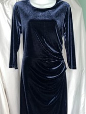 NWT Eliza J dress women's blue velvet midi dress Faux wrap stretch scoop neck 14