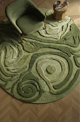 Floral round shape Moss Lush Tranquilty High Low Tufted handmade Moss Green rug.