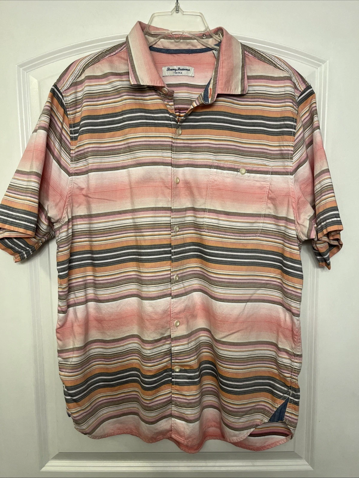 Tommy Bahama Tortola Shirt Mens XL Pink Stripe Short Sleeve Button Front Casual