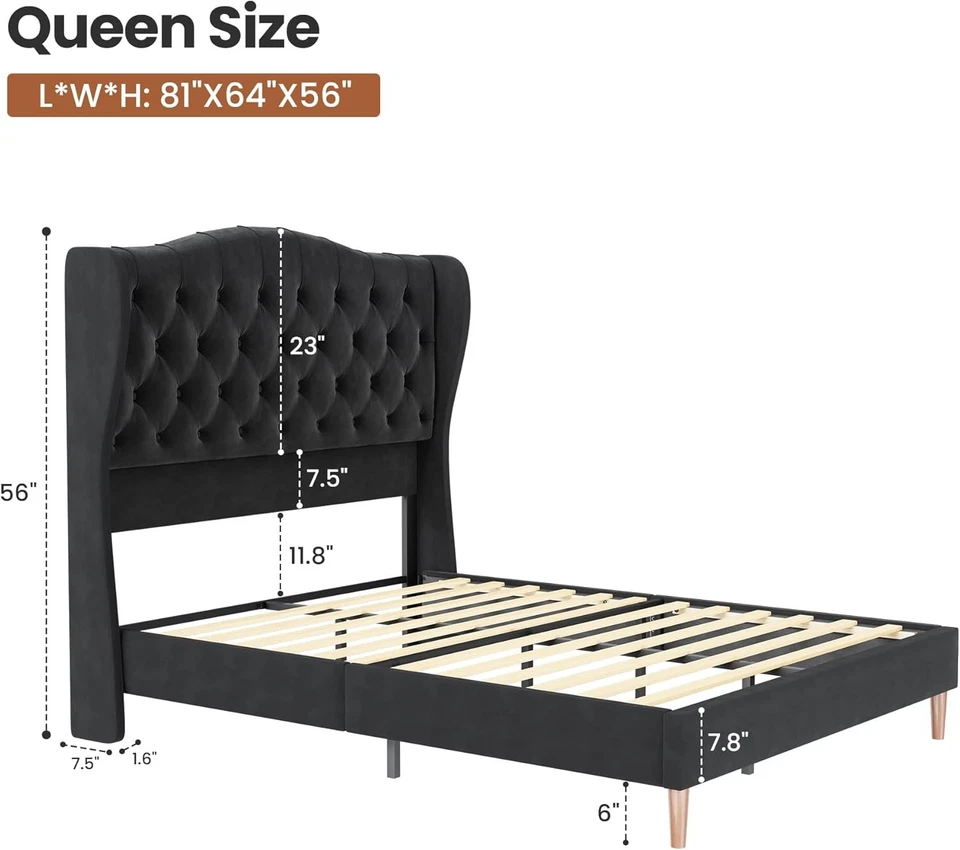 Black Queen Velvet Upholstered Bed – Wingback Tufted Headboard No Box Spring - Image 2 of 4