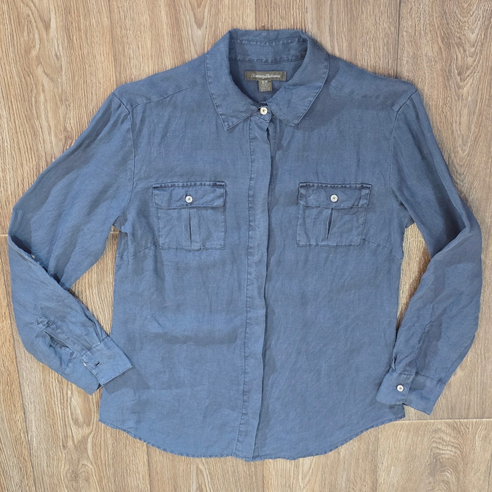 Tommy Bahama Women's Linen Button Down Shirt S/P Blue Roll Tab Sleeve