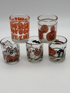 Lot Of 5 - Vintage Halloween Patterns Votive Candle Holders/Shot Glasses