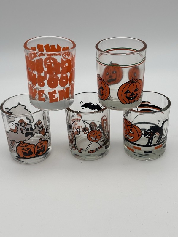 Lot Of 5 - Vintage Halloween Patterns Votive Candle Holders/Shot Glasses