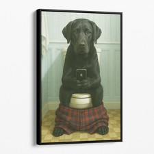 Black Labrador Retriever On The Phone On The Toilet Funny Canvas Wall Art Print