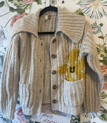 Anthropologie Pilcro Happy Flower Button Cardigan Chunky Knit Sweater Cream XS  