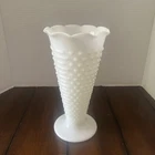 Anchor Hocking Glass Vase Hobnail Bars White Milk Glass Trumpet 8.5”VTG