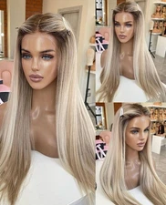 Ombre Blonde Lace Front Wig Long Straight Women Heat Resistant Synthetic Hair