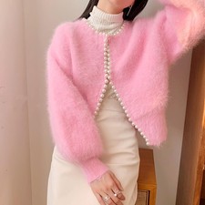 Faux Mink Pearl Beading Lady Sweater Cardigan Lantern Sleeve Open Front Coat Top
