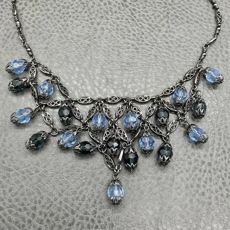 Collar babero filigrana 2028 tono plata azul negro cuentas de vidrio colgante declaración Foto 4 de 4