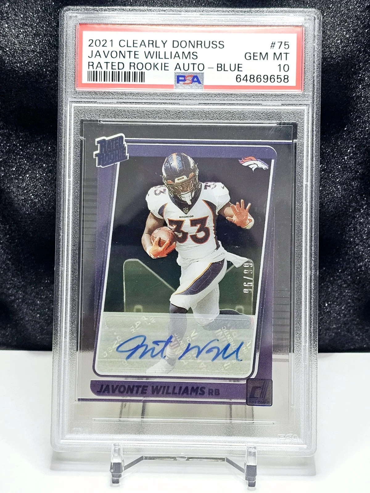 Javonte Williams Panini Clearly Donruss #75 Rated Rookie Autograph-Blue