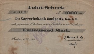 Saulgau J. Bautz AG Erntemaschinen Werk 1000 Mark
