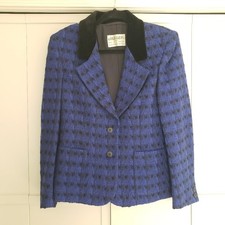 Jaeger London Blazer Jacket Blue Black Patterned Velvet Trim Cobalt