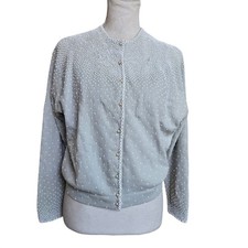 Vtg 60s Beaded Cardigan Sweater Sage Green Embellished Button Up Elegant Party