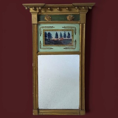 Antique Federal Revival Mirror Reverse Painted Landscape Gilt Wall Mirror Gold