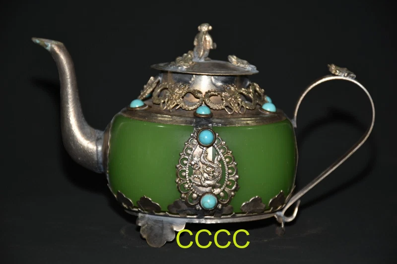 Exquisita olla de vino con mango de extremo de piedras preciosas de pino verde con incrustaciones de cobre plateado de China Foto 3 de 4