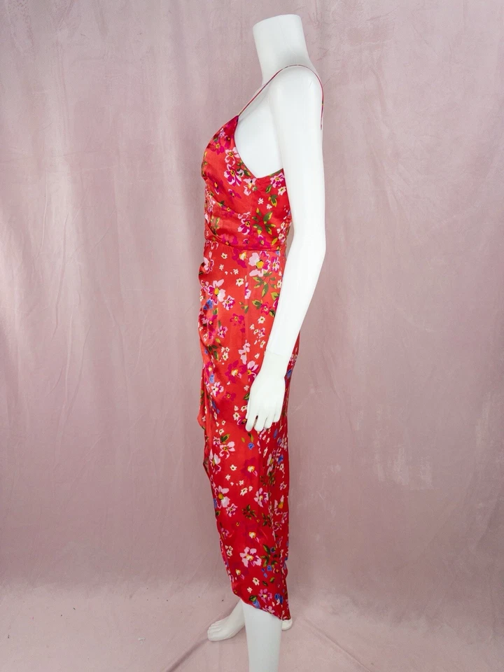 Sau Lee Womens Red Floral Silky Cupro V Neck Dress Gown Size 0 - Image 2 of 4
