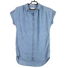Womens Madewell Blue Linen Blend Shirt Dress Button Up Cap Sleeves Size M