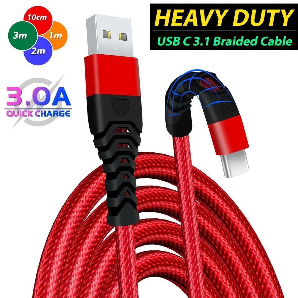 CRAZY4FONES HeavyDuty USB Type C Charging Cable Braided Fast Phone Charger Long Lead 2m 3m