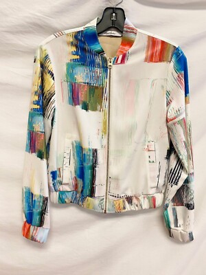ROBERT GRAHAM Meredith White Rainbow Brushstroke Print Crepe Bomber Jacket XS