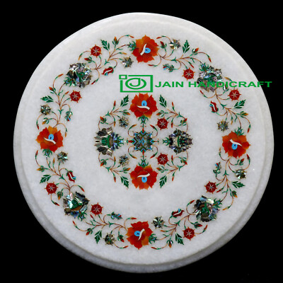 18'' White Marble coffee center room Table Top Inlay pietra dura malachite Decor