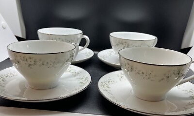 Set Of 4 Noritake ANNABELLE PLATINUM RIM CUPS & SAUCERS
