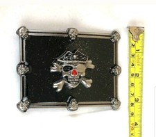 BELT BUCKLE - Skull and Bone Black Silver Pirate - 5" by 4.5"