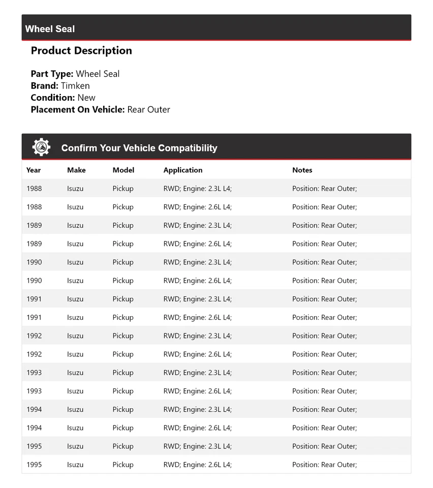 Para camioneta Isuzu 1988-1995 tracción trasera sello de rueda exterior Timken 1989 1990 1991 1992 Foto 2 de 4