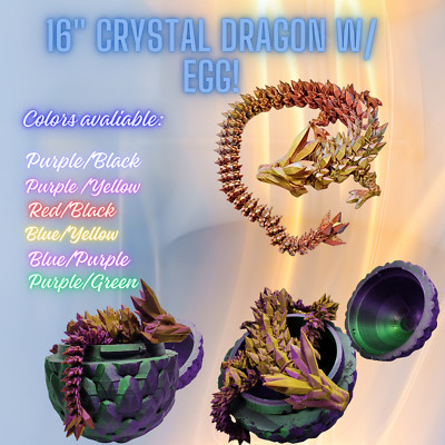 Crystal Dragon 16'' long with Dragon Egg, 3D Printed Articulated Dragon