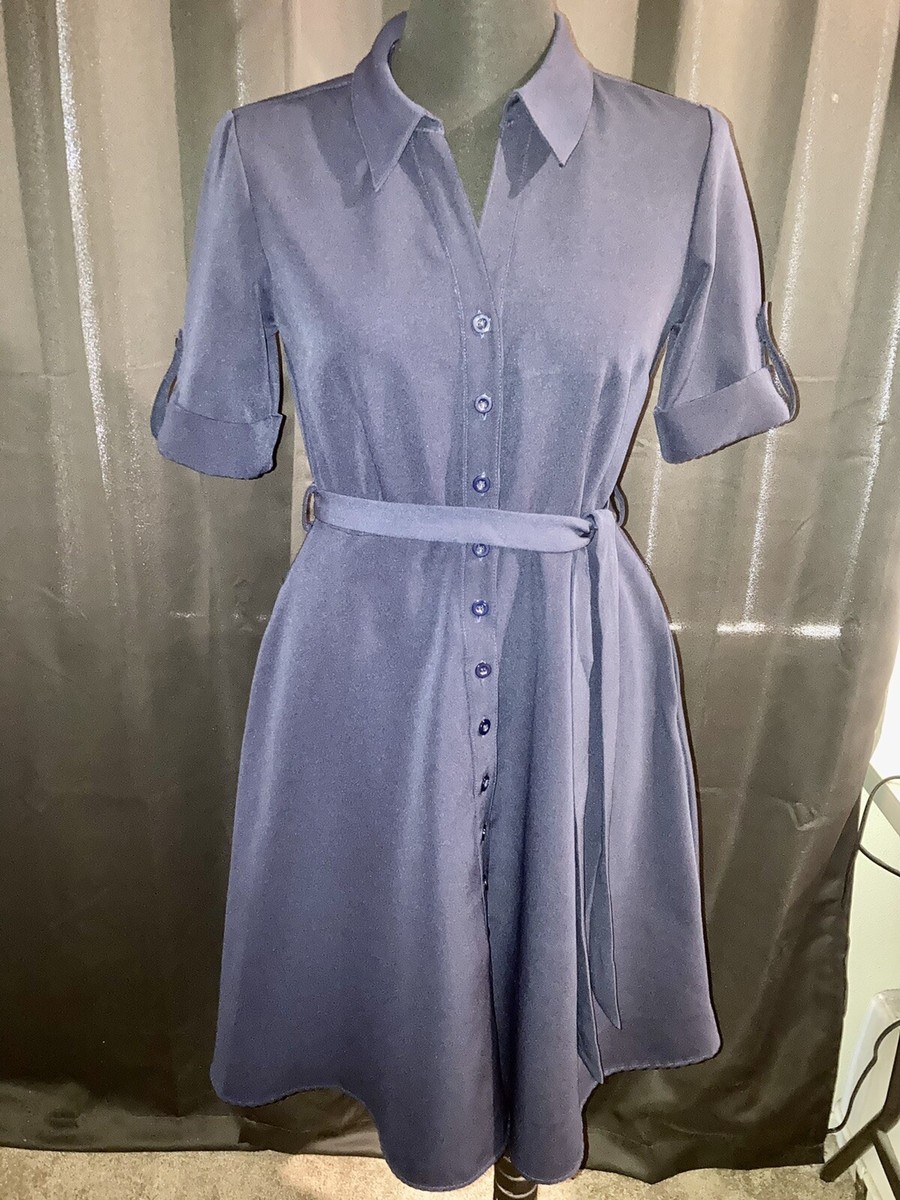 Navy Blue A-line Button-down Shirt Collared Work Midi Dress With Pockets &  Band | eBay