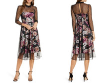 ELIZA J Black Floral Sheer Illusion Mesh Yoke Dot Overlay Midi Cocktail Dress 12
