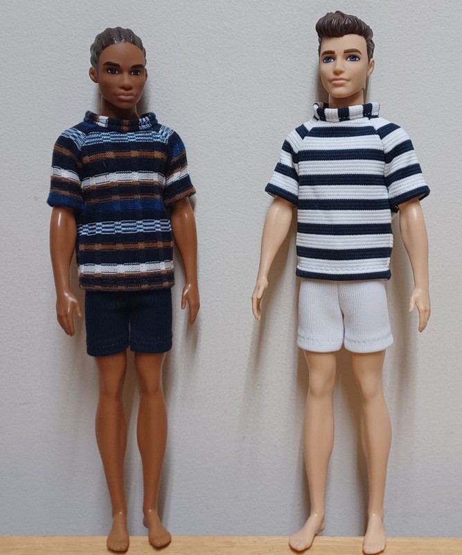 Ken 12" Doll Clothing 2 striped shirts, Navy and White Shorts