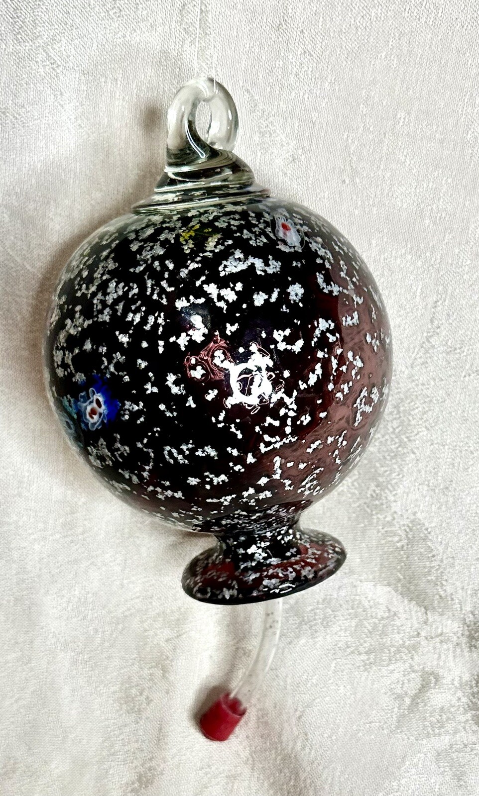 Murano Style Hand Blown Glass Purple W/Silver Fleck & Flowers Hummingbird Feeder